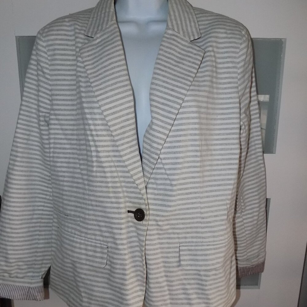 Merona Gray/White Stripe Boyfriend Blazer Jacket Size 14 Women's